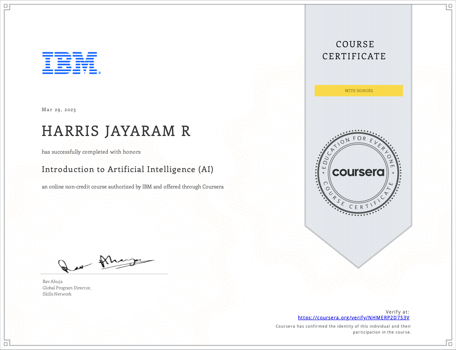 Introduction to Artificial Intelligence (AI) certificate