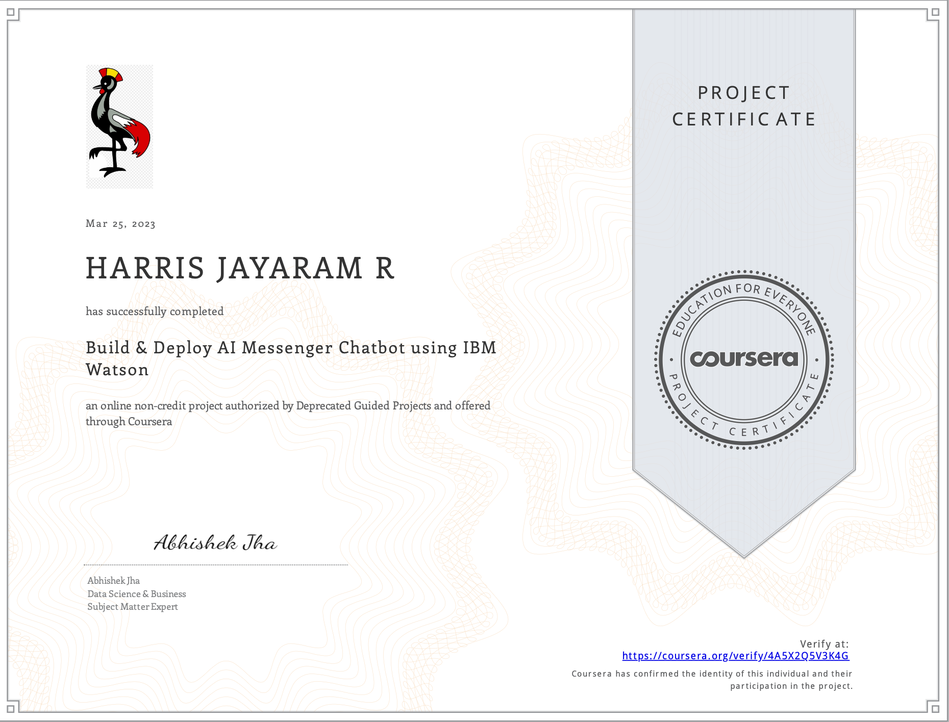 Build & Deploy AI Messenger Chatbot certificate