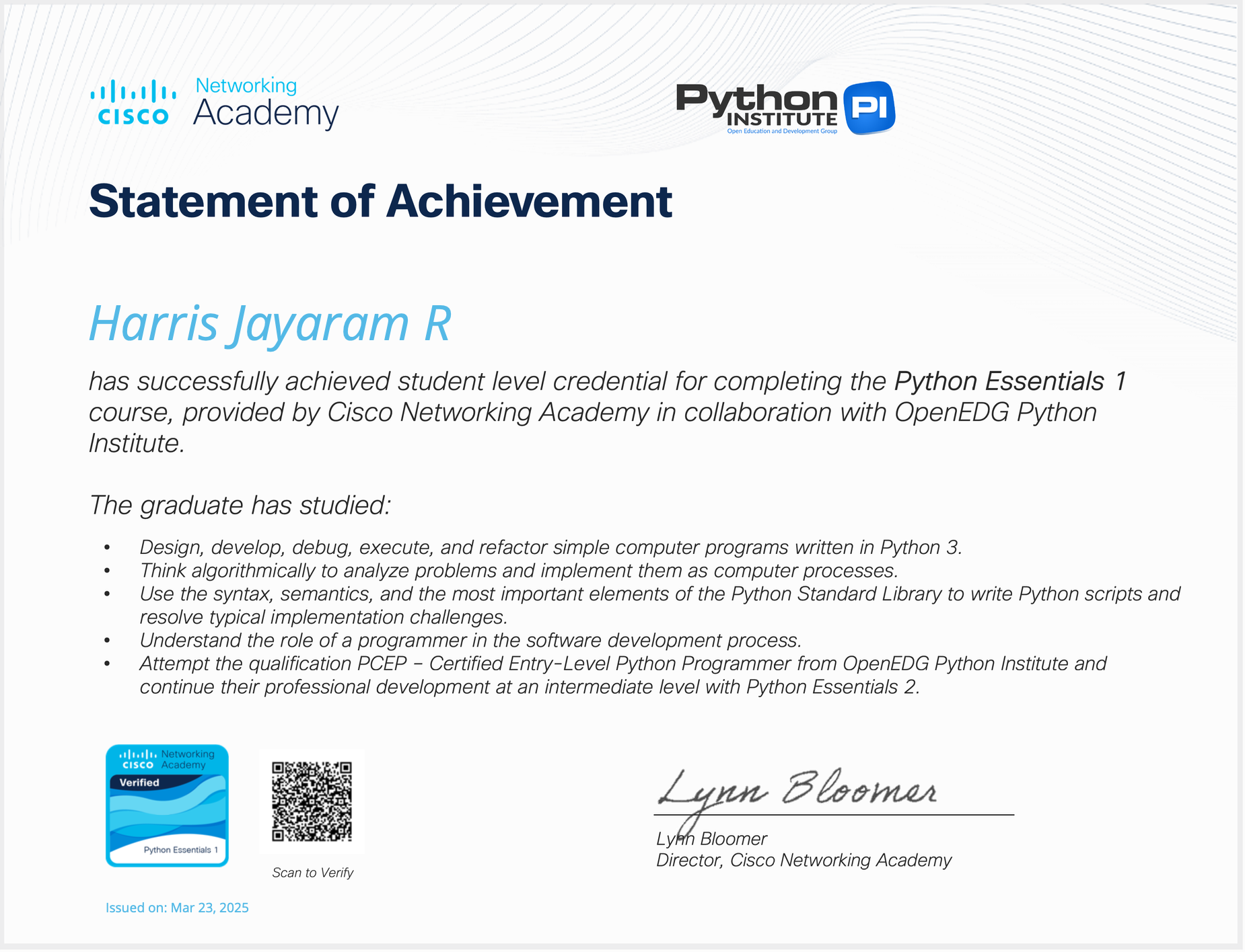 Python Essentials 1 certificate