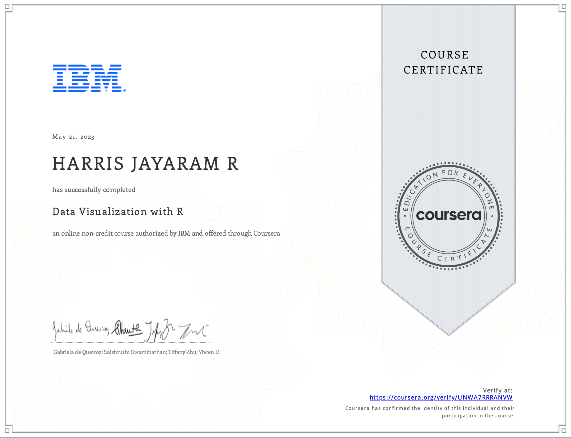 Data Visualization with R certificate